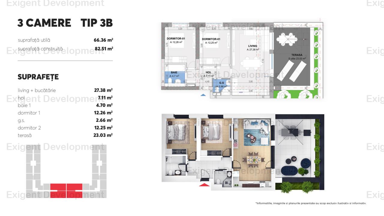 Apartament 3 camere tip B in Complex Plaza Residence Faza 6