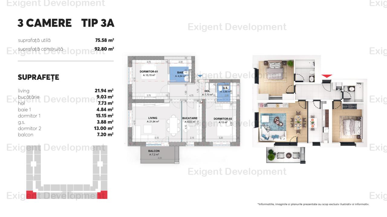 Apartament 3 camere tip A in Complex Plaza Residence Faza 6