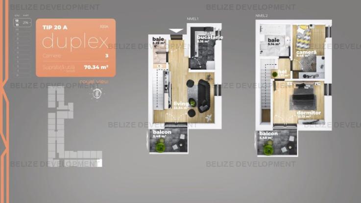 Duplex 3 camere  Piata Sudului 70.34 mp utili