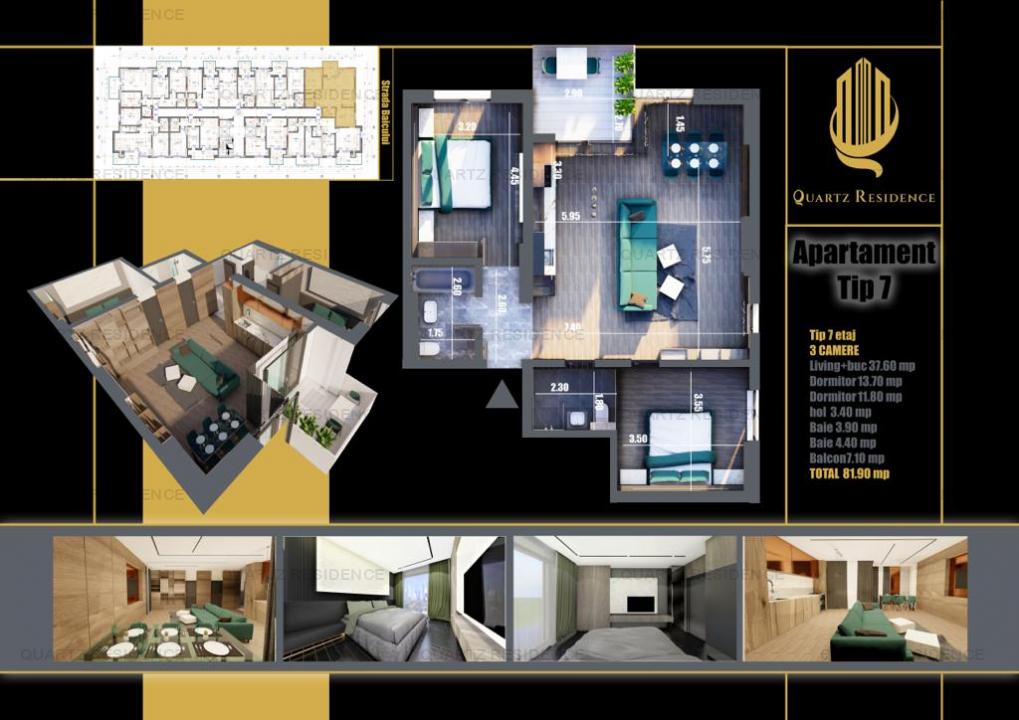 Quartz Residence-Baicului, 3 camere decomandat, 82mp utili