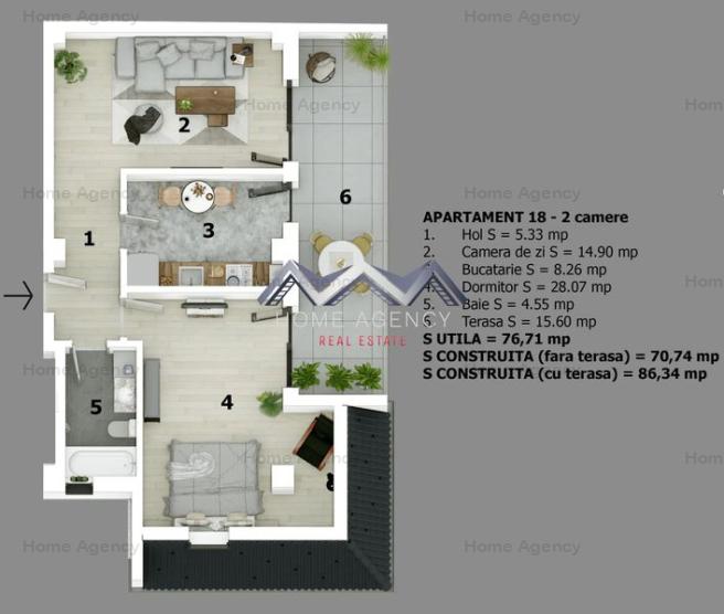 Apartament 2 camere Otopeni | 61 mp, bucătărie închisă