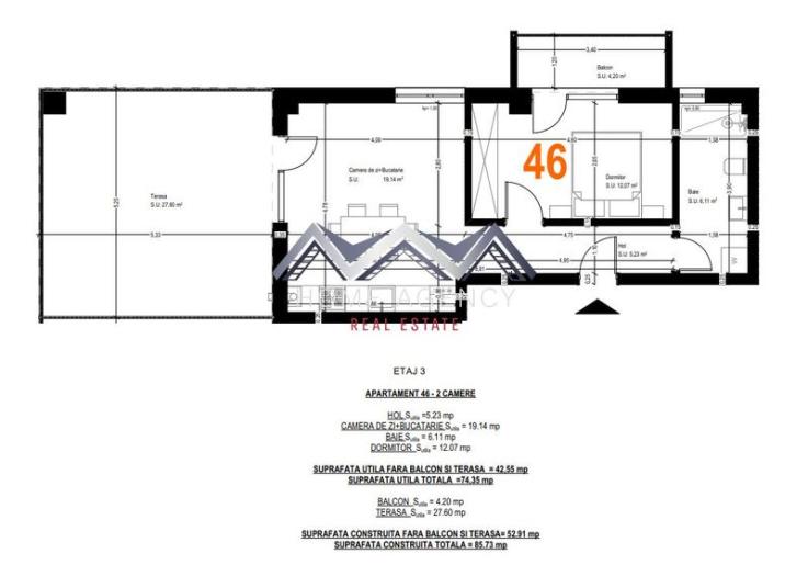 Apartament 2 camere Otopeni + terasă 27.60 mp