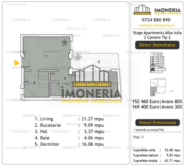 2 camere Tip 2 | Stage Apartments Alba Iulia | 0% comision