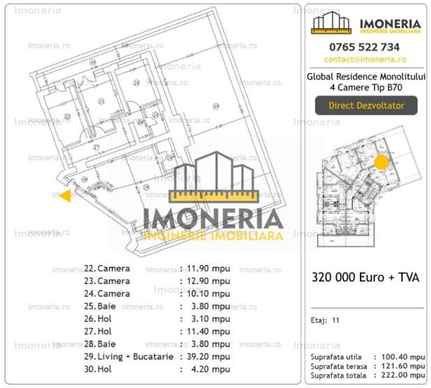 Unicorn cu 4 camere 100 mp+terasa privata 122 mp | parc 800m | 0% comision