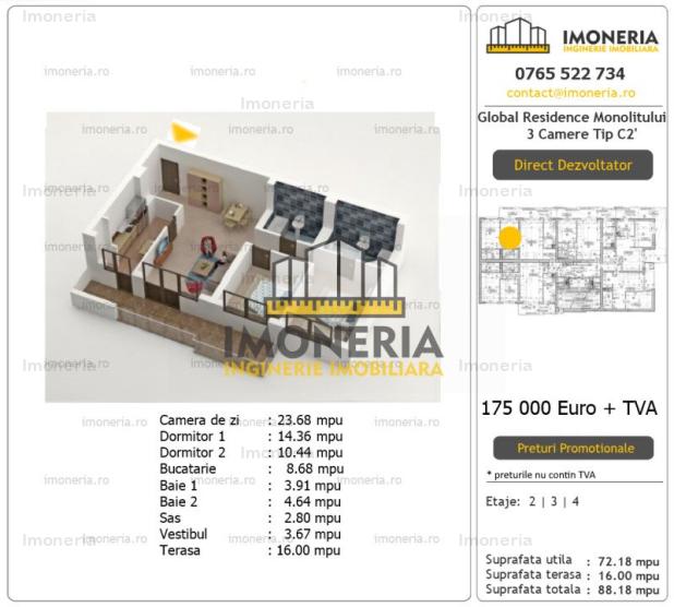 3 camere C2 | metrou Mihai Bravu 2 min | comision 0%