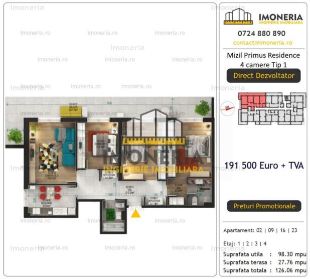 4 camere Tip 1 | Mizil Primus Residence | Metrou 1 Dec 600 m | Imobil Premium