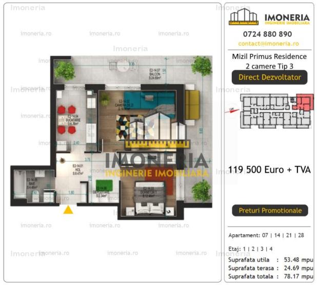 2 camere cochet  |  Metrou 1 Decembrie  600 m | Imobil Premium | Comision 0