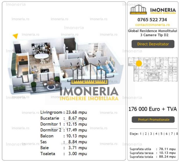 3 camere spatios | Living 29 mpu | Dormitor 20 mpu |  metrou Mihai Bravu 2 min