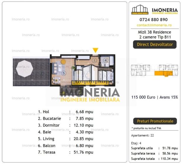 Direct Dezvoltator | Terasa 51 mp | 850m  metrou 1 Decembrie 1918 | Finalizat 