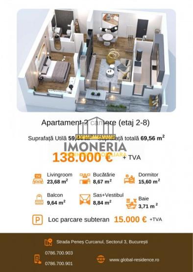  2 camere spatioase | 74 mpu | metrou Mihai Bravu la 2 minute