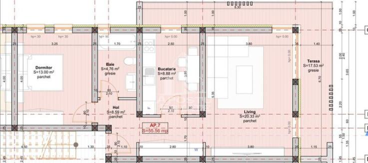 Apartament cu 2 camere decomandat. Finisaje la alege. Terasa 18 mp.