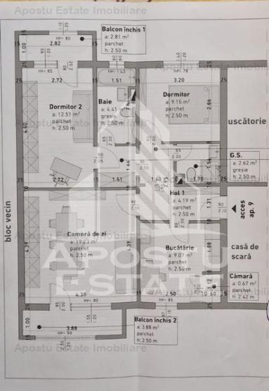 Apartament cu 3 camere, 2 bai, centrala proprie, zona Calea Lipovei