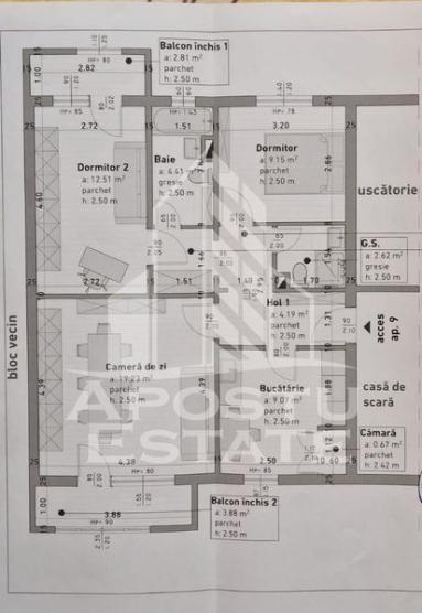 Apartament cu 3 camere, 2 bai, centrala proprie, zona Calea Lipovei