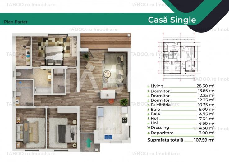 Casa individuala pe un singur nivel 4 camere si carport Sura Mica