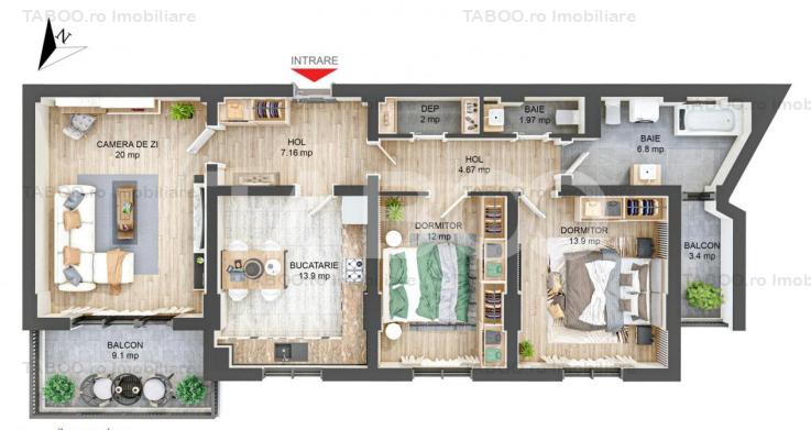 Apartament de 83 mpu 3 camere 2 bai 2 balcoane COMISION 0% in SIBIU