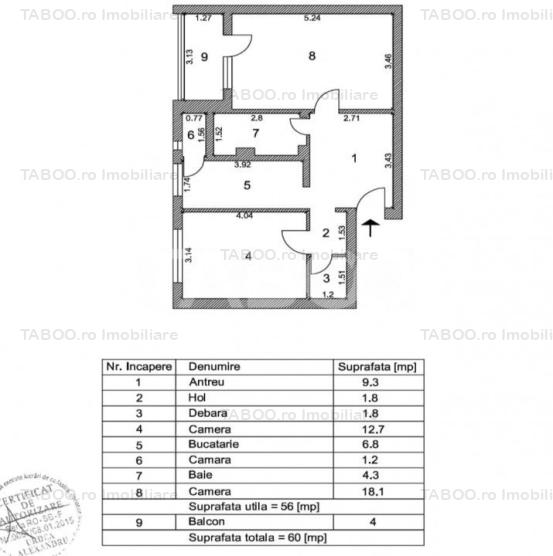 Apartament decomandat de vanzare 2 camere si balcon etaj intermediar